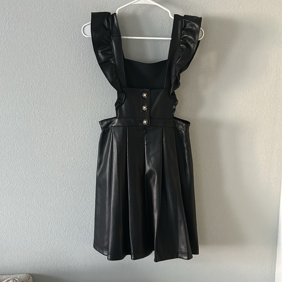 Anthropologie Maeve Faux Leather Apron Mini Dress with Floral Buttons - Picture 3 of 5